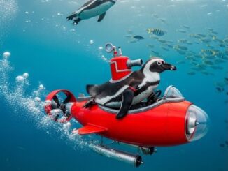 A person riding a red underwater scooter with another diver nearby.